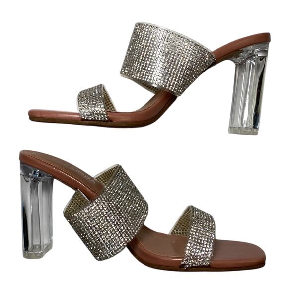 Top Moda Women’s 6 Silver Clear Block Heels Open Toe Rhinestones - Picture 1 of 8
